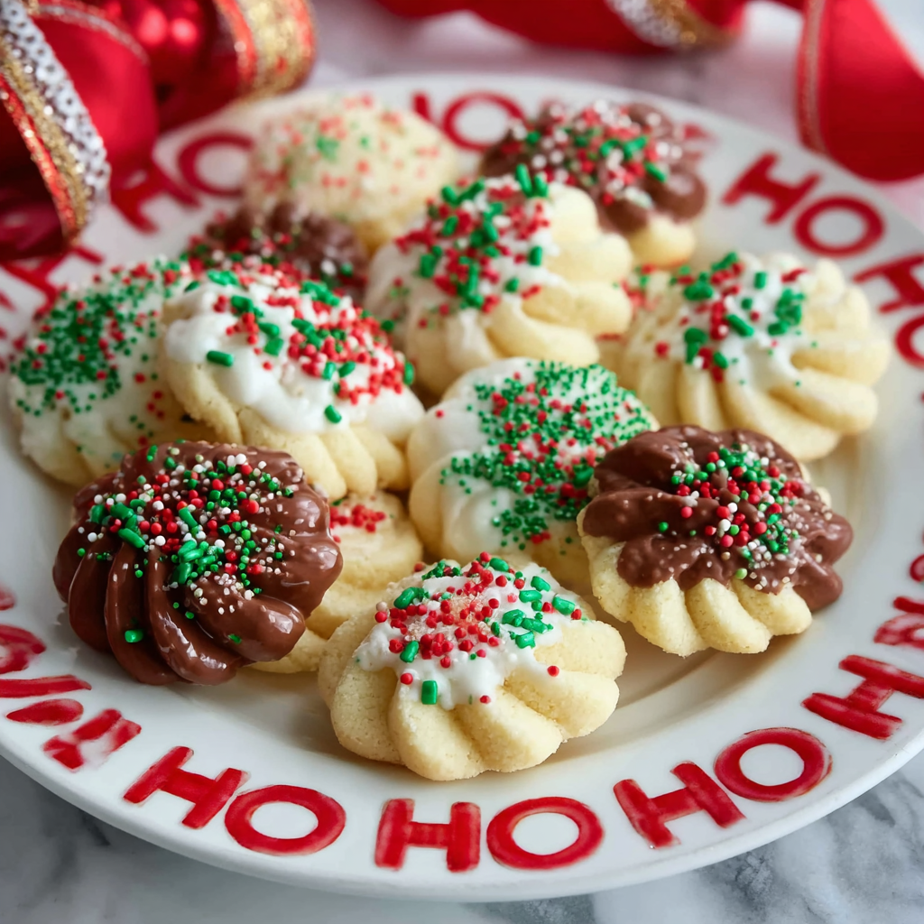 Decorated butter cookies on a cooling rack