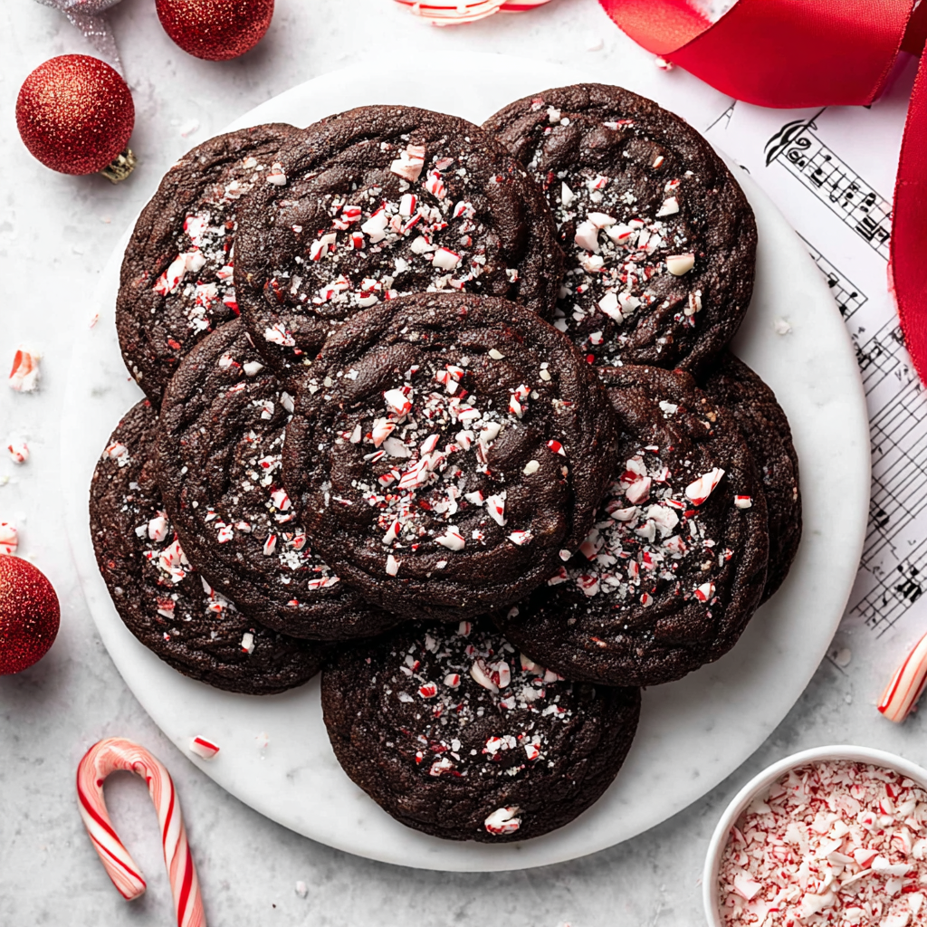 Stack of double chocolate peppermint cookies tied with ribbon