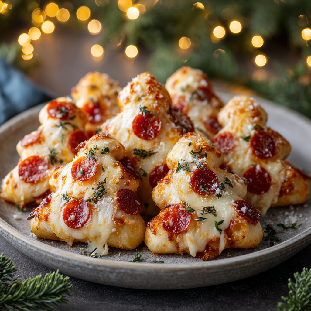 Christmas pizza bites being assembled on a counter