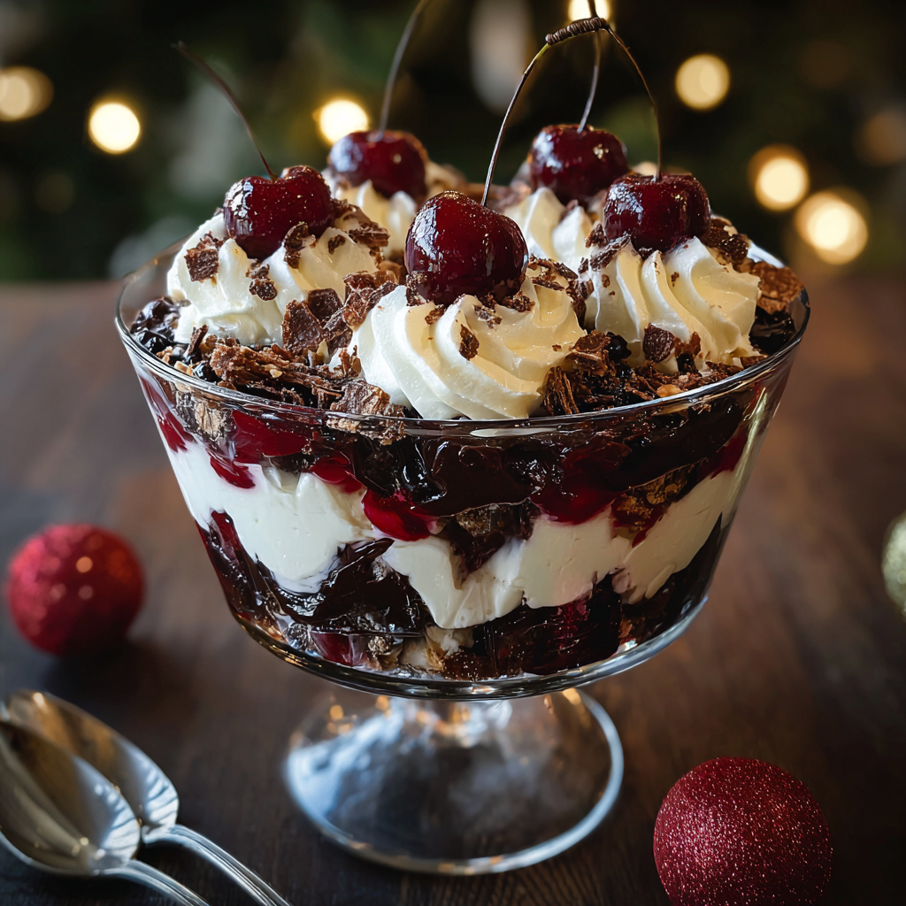 Black Forest trifle in a glass bowl with chocolate shavings