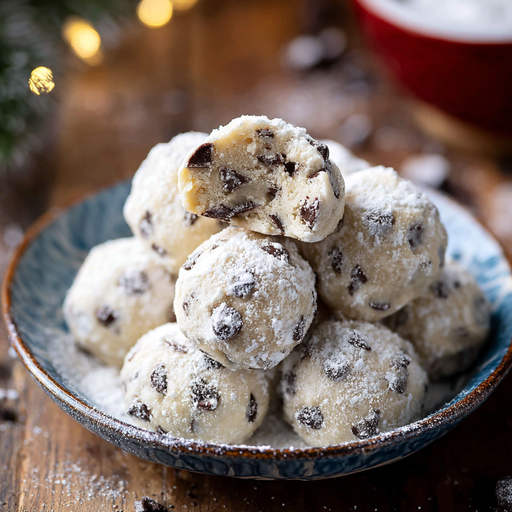 Chocolate chip snowball cookies on a cooling rack