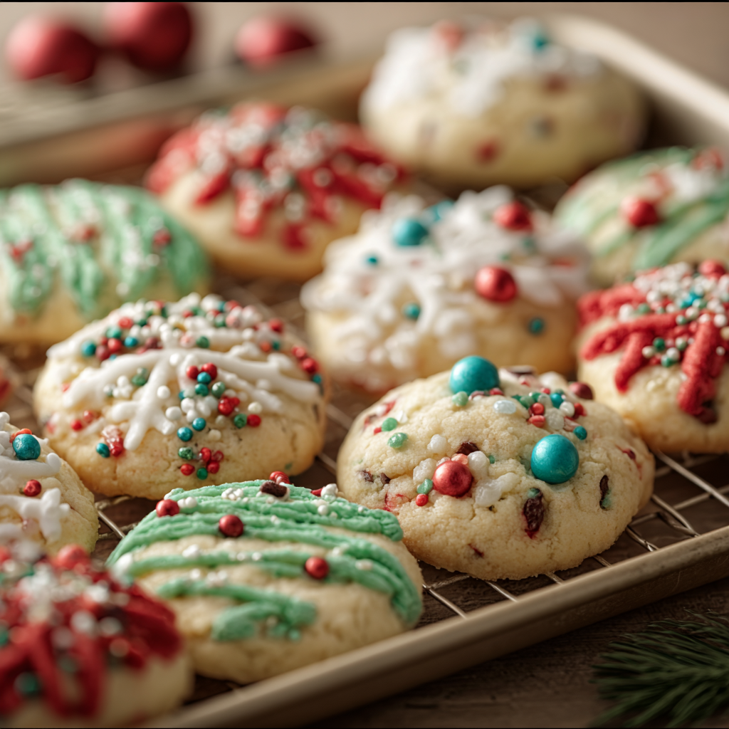 Tray of cake mix Christmas cookies with red and green sprinkles