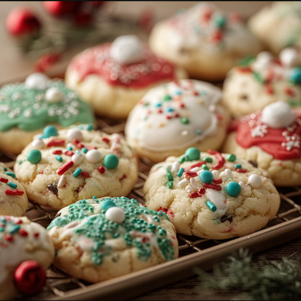 Closeup of a Christmas cookie with white chocolate chip