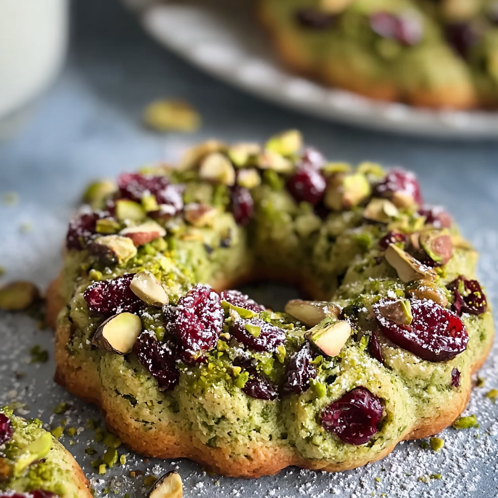 Pistachio cranberry wreath cookies on a cooling rack