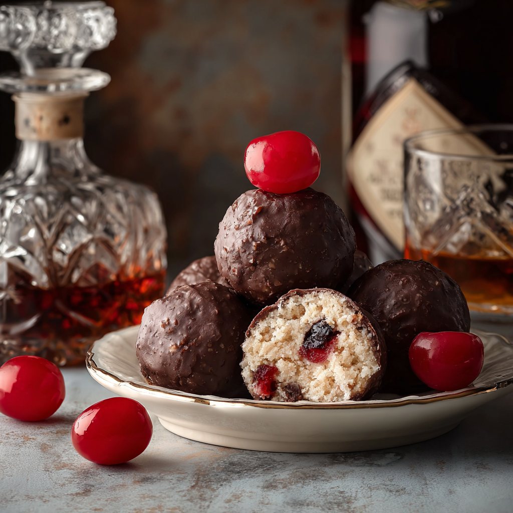 Cherry and bourbon no-bake balls on parchment