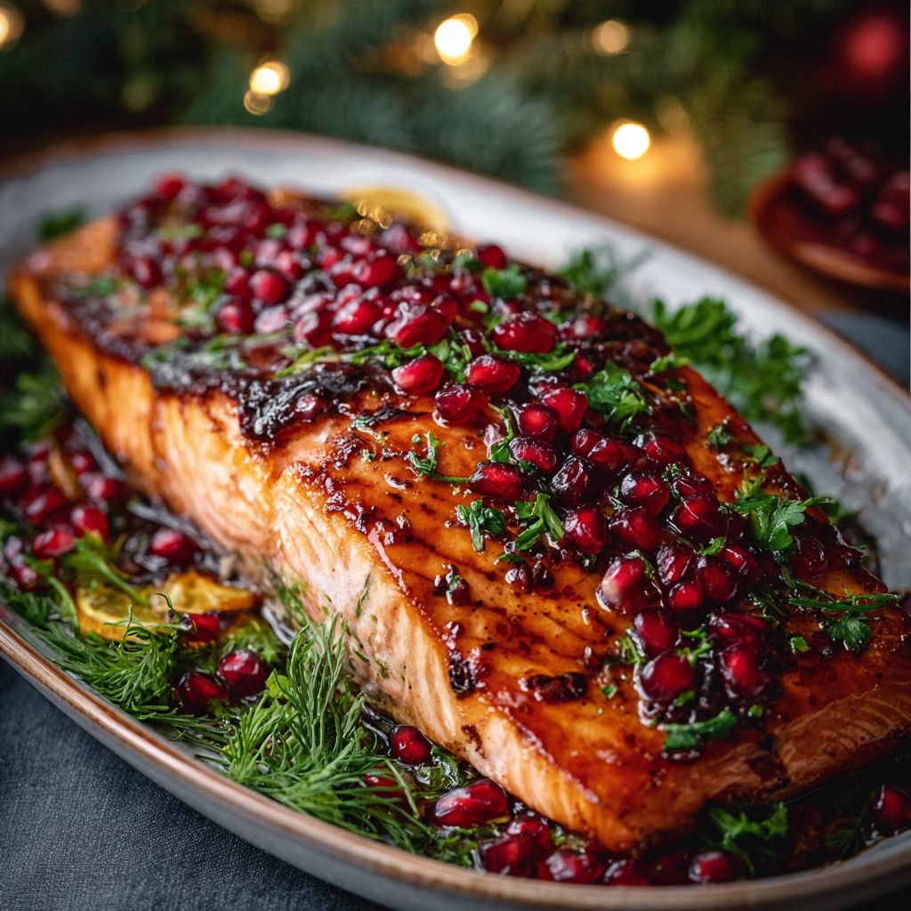 Christmas Salmon with Pomegranate Glaze on platter
