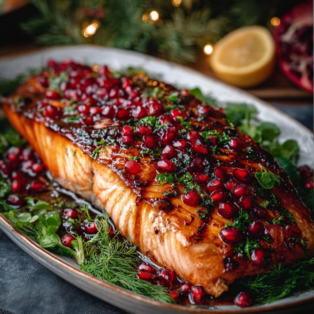 Close up of glazed salmon with pomegranate seeds