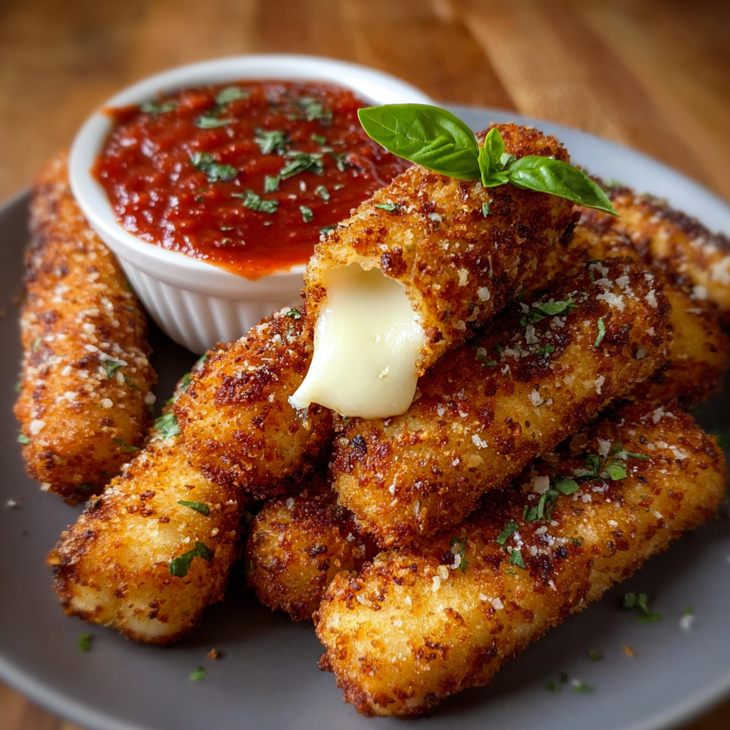 Coated mozzarella sticks on parchment ready to freeze
