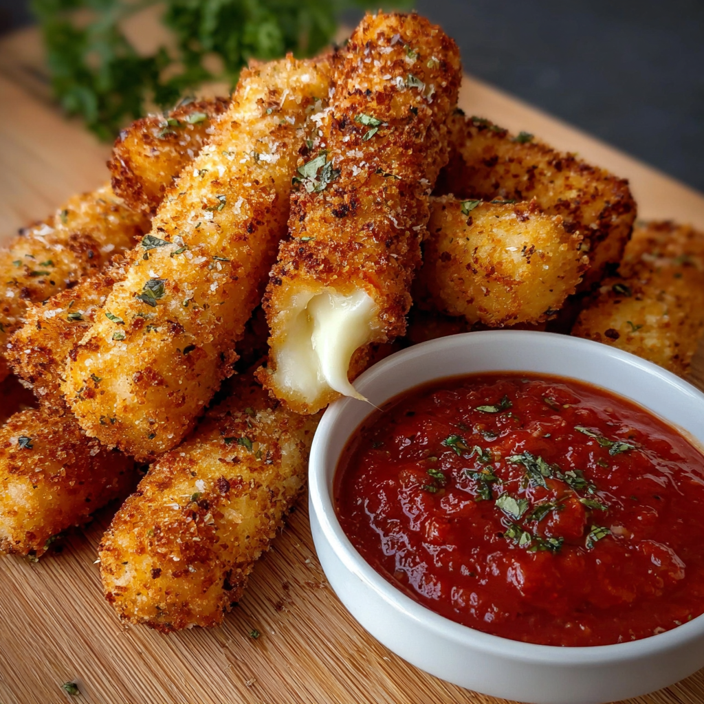 Fried mozzarella sticks served with marinara and basil garnish