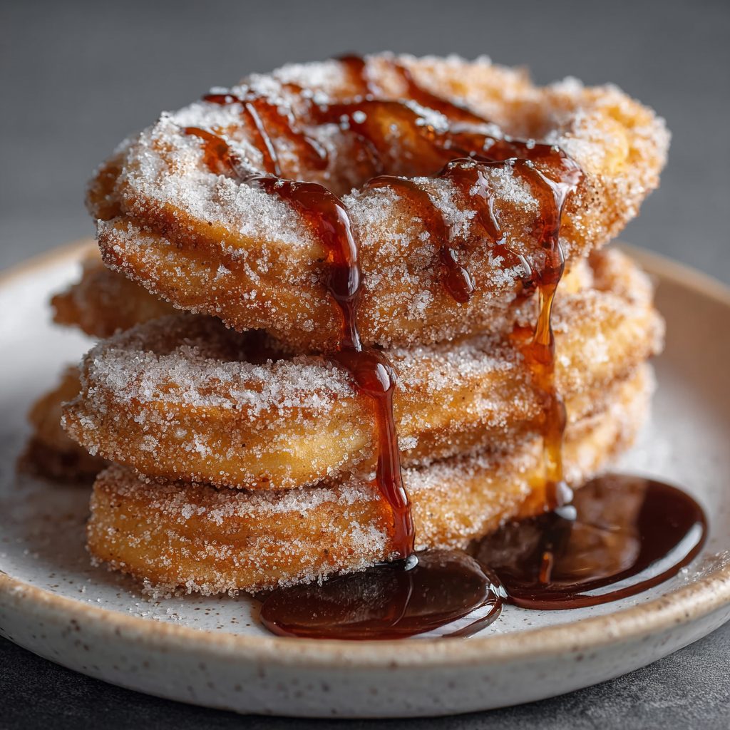 Plated pancakes stacked with cinnamon sugar on top