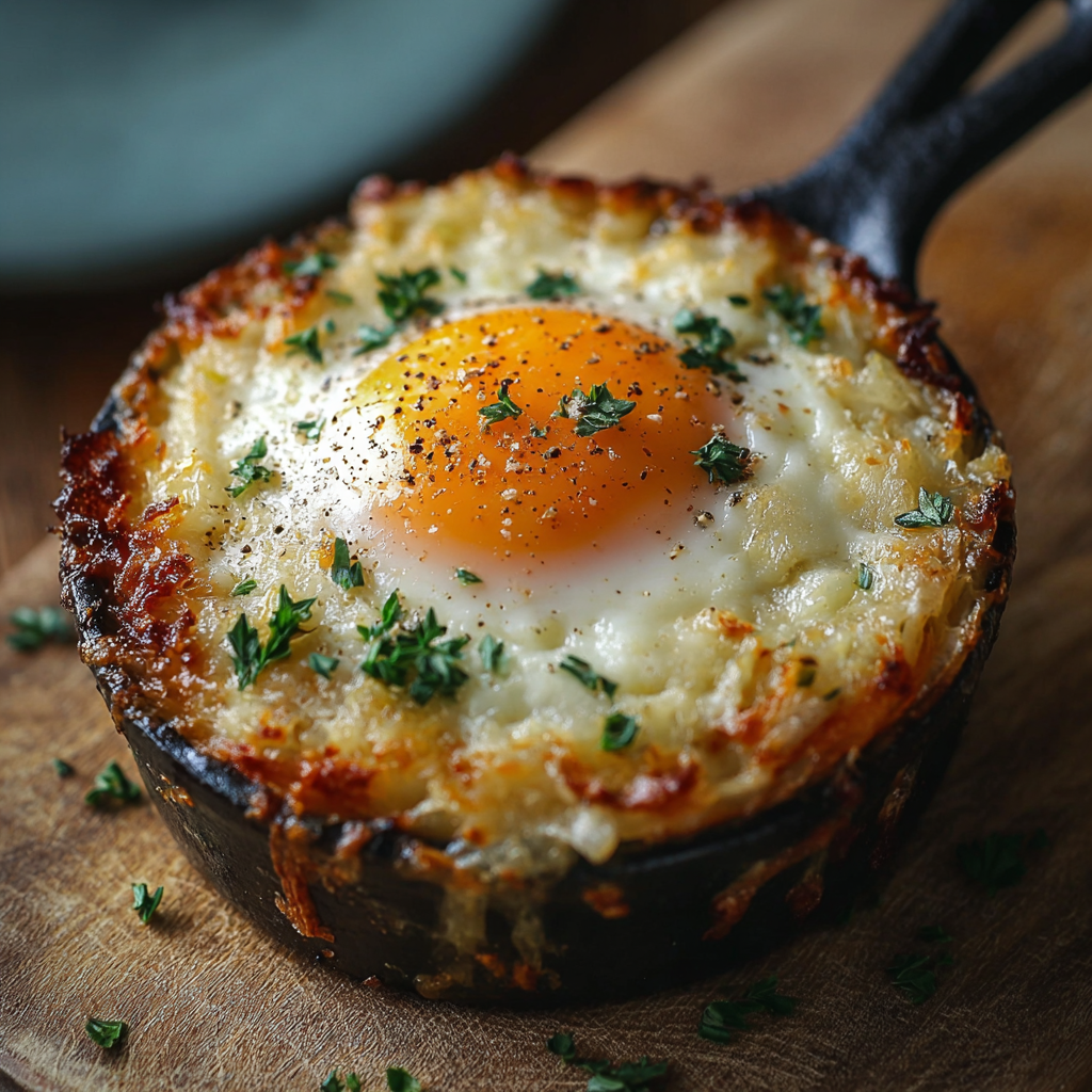 Close-up of baked egg in puff pastry nest with chives