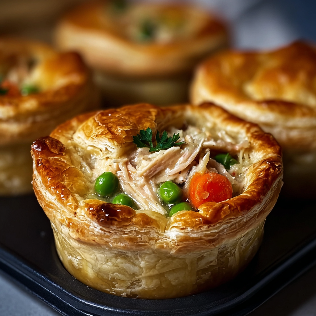 Tray of golden mini chicken pot pies cooling