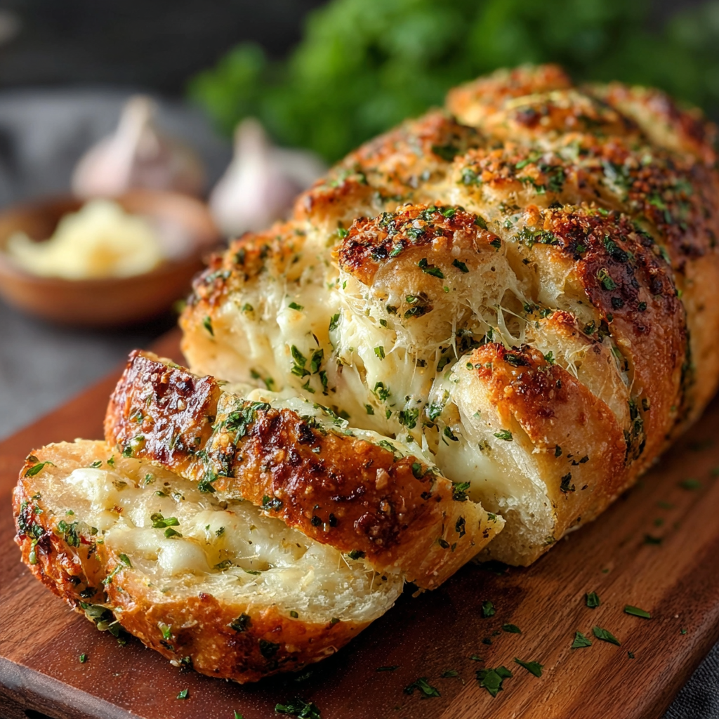 Italian herb cheese bread ready to pull apart