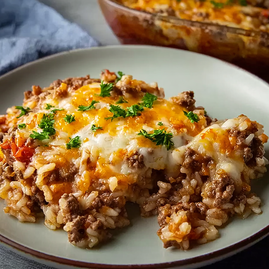 Skillet of hamburger rice before cheese