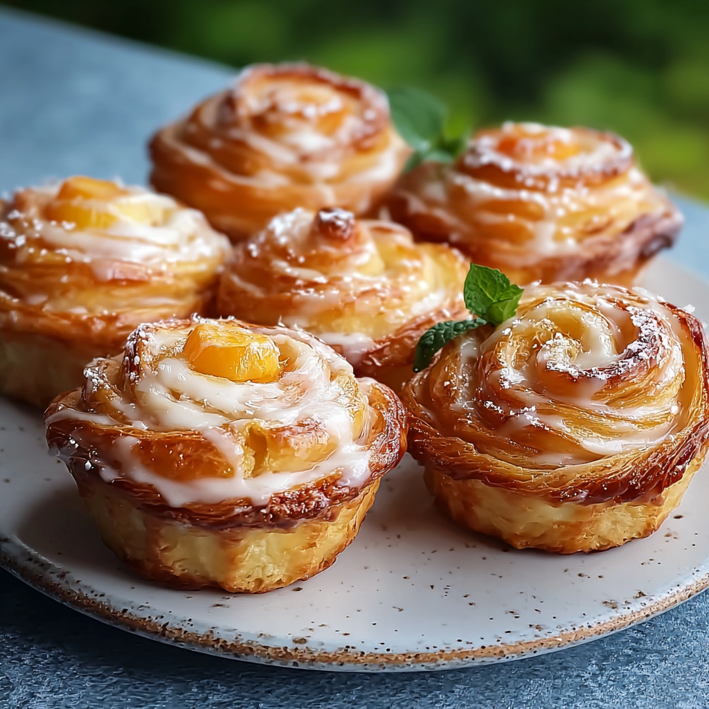Close-up of a sliced peach pie cruffin showing layers and peach filling