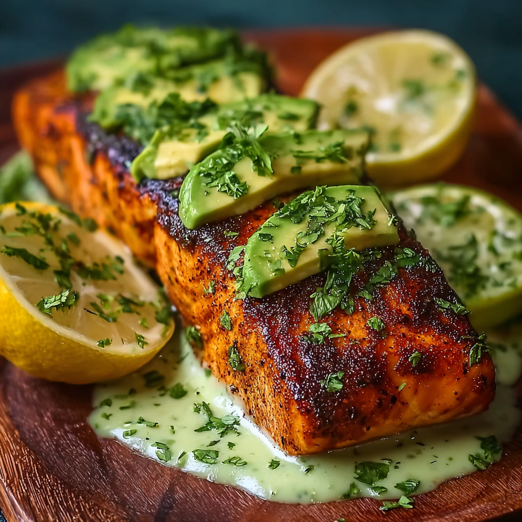 Cajun salmon plated with avocado crema