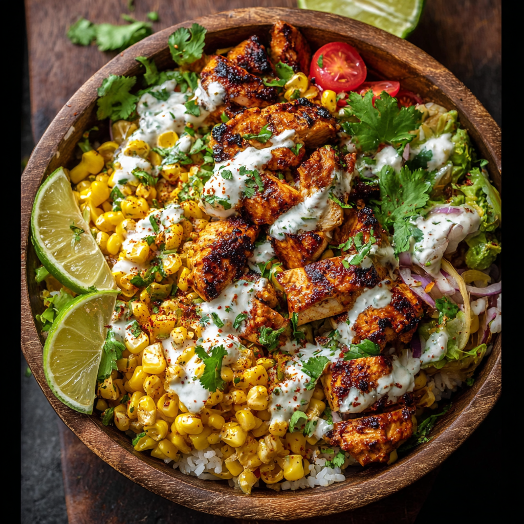 Close-up of street corn chicken bowl with lime wedge