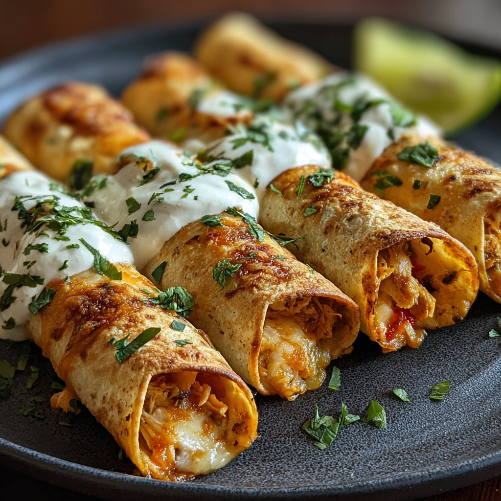 Baked golden taquitos on a tray
