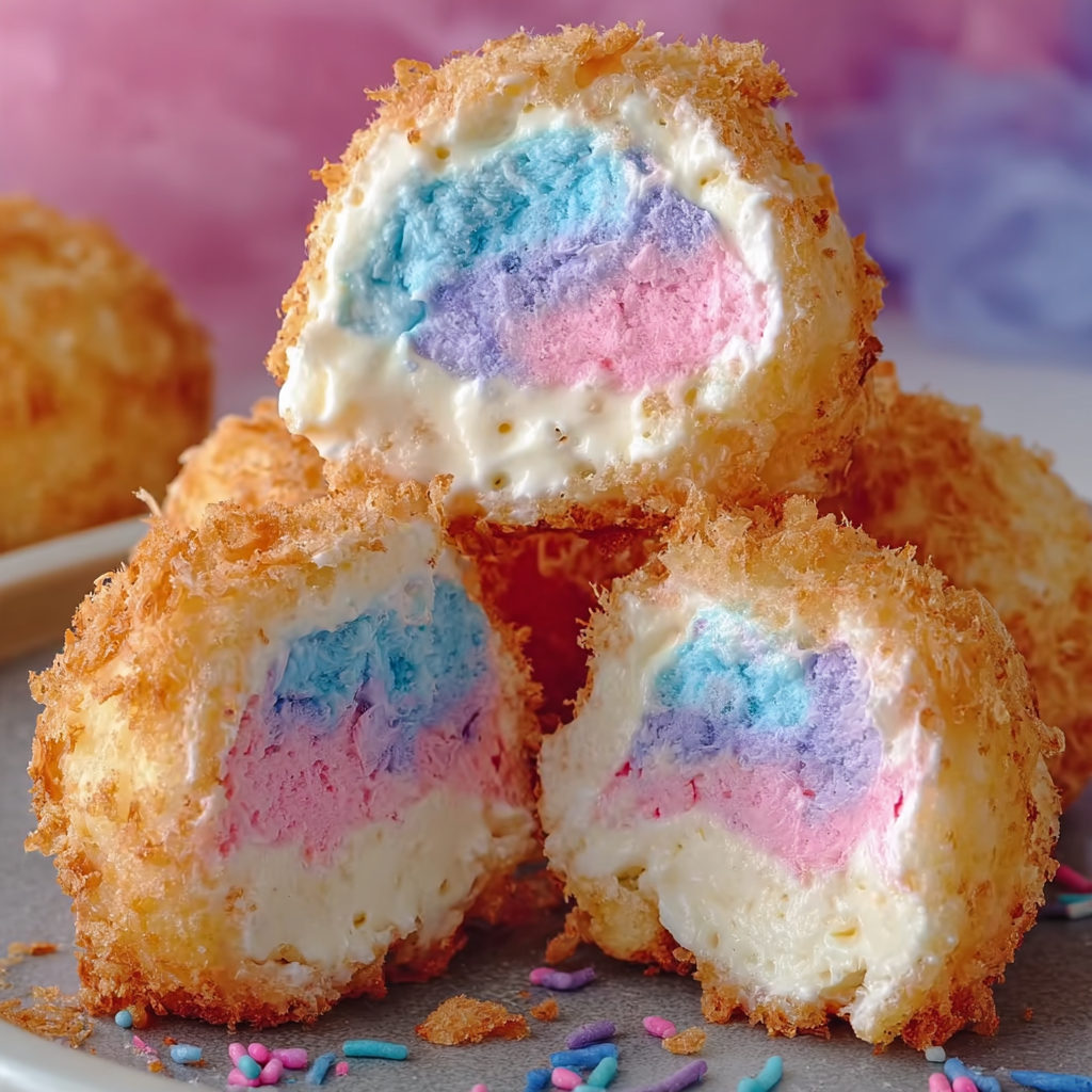 Finished cotton candy cheesecake bombs on a serving plate