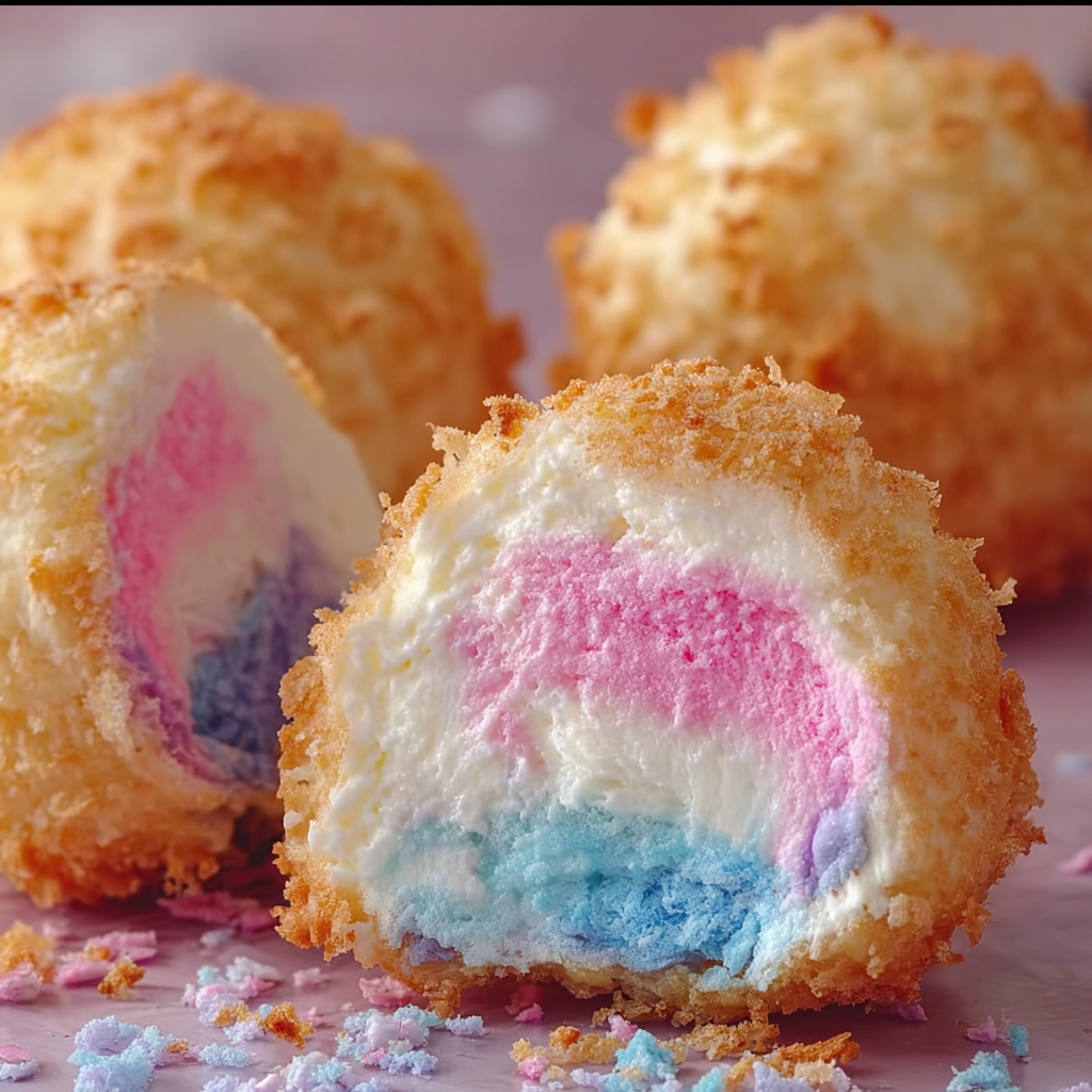Close up of a sugar-coated fried cheesecake ball topped with cotton candy