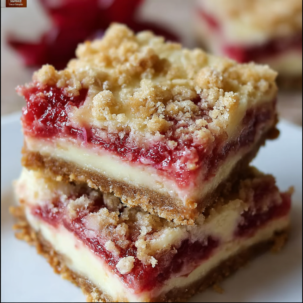 Rhubarb Dessert Bars with Cheesecake and Pecan Crumble