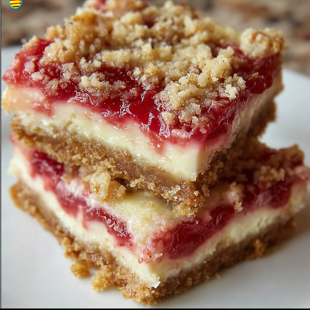 Close-up of rhubarb filling on cheesecake layer