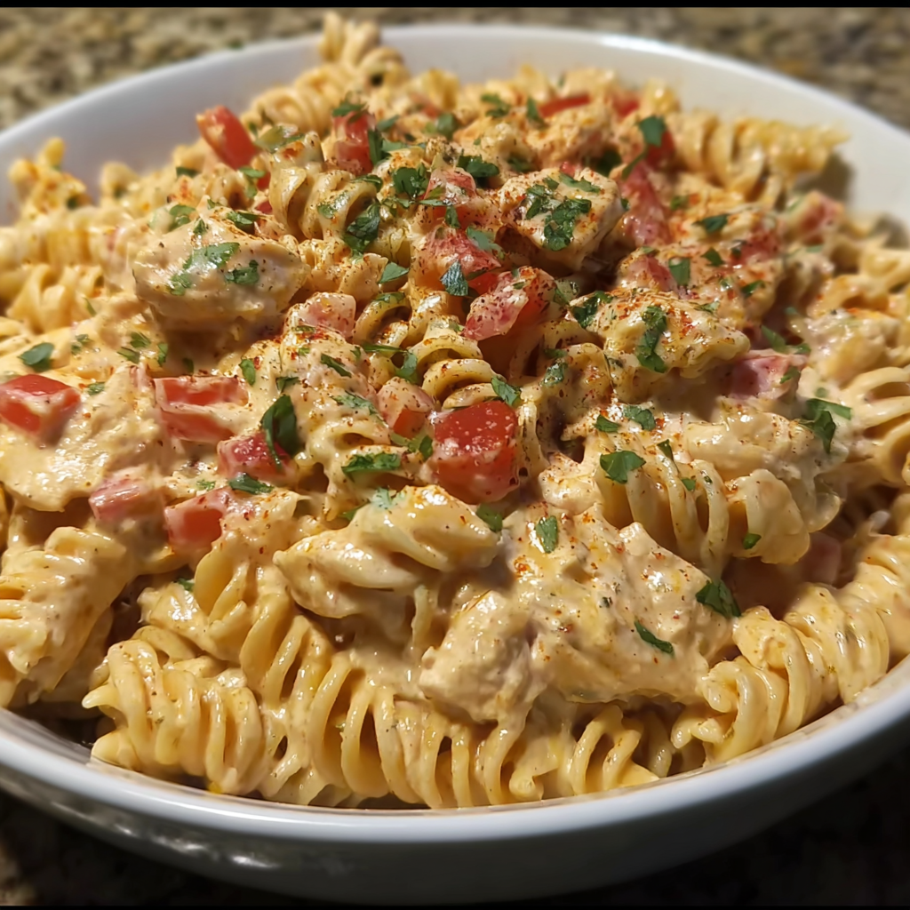 Rotel Chicken Pasta in skillet with peppers