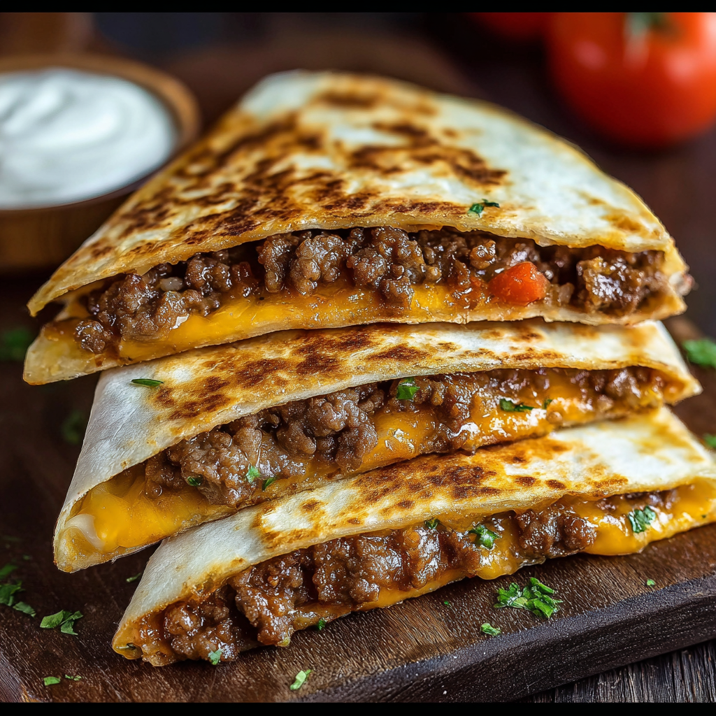 Sliced smashburger quesadilla with pickles and sauce