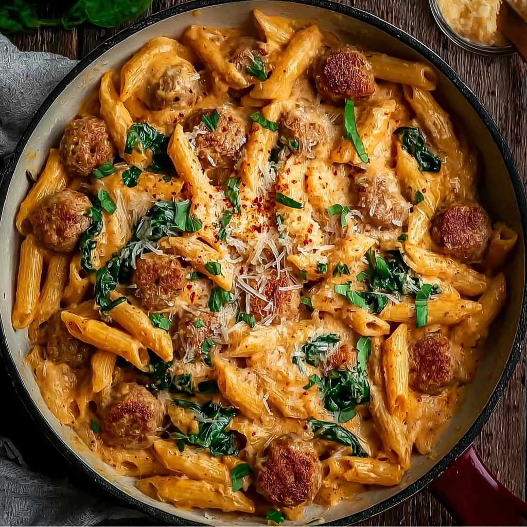 Sausage and pasta simmering in creamy Cajun sauce
