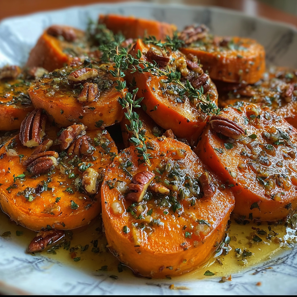 Maple garlic glazed sweet potatoes on a baking sheet