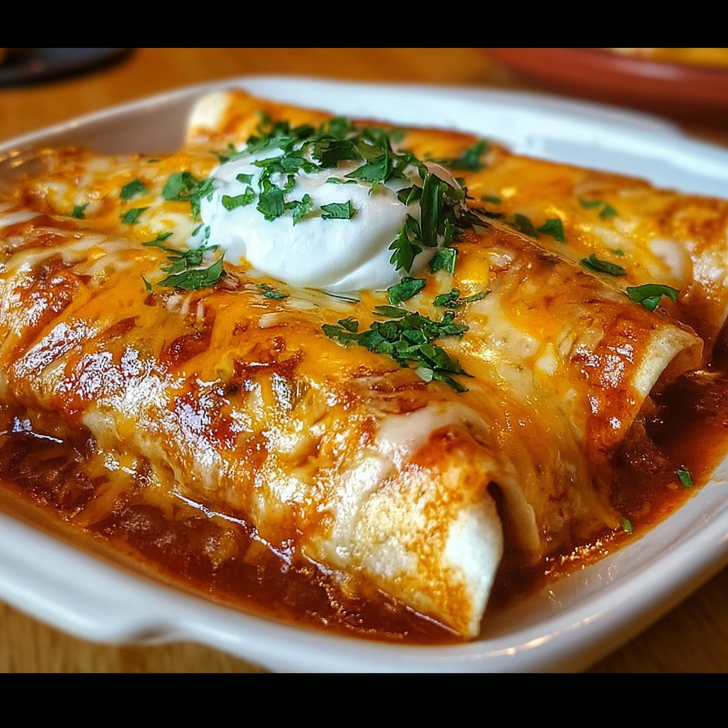 Close-up of a single enchilada plated with cilantro and sour cream