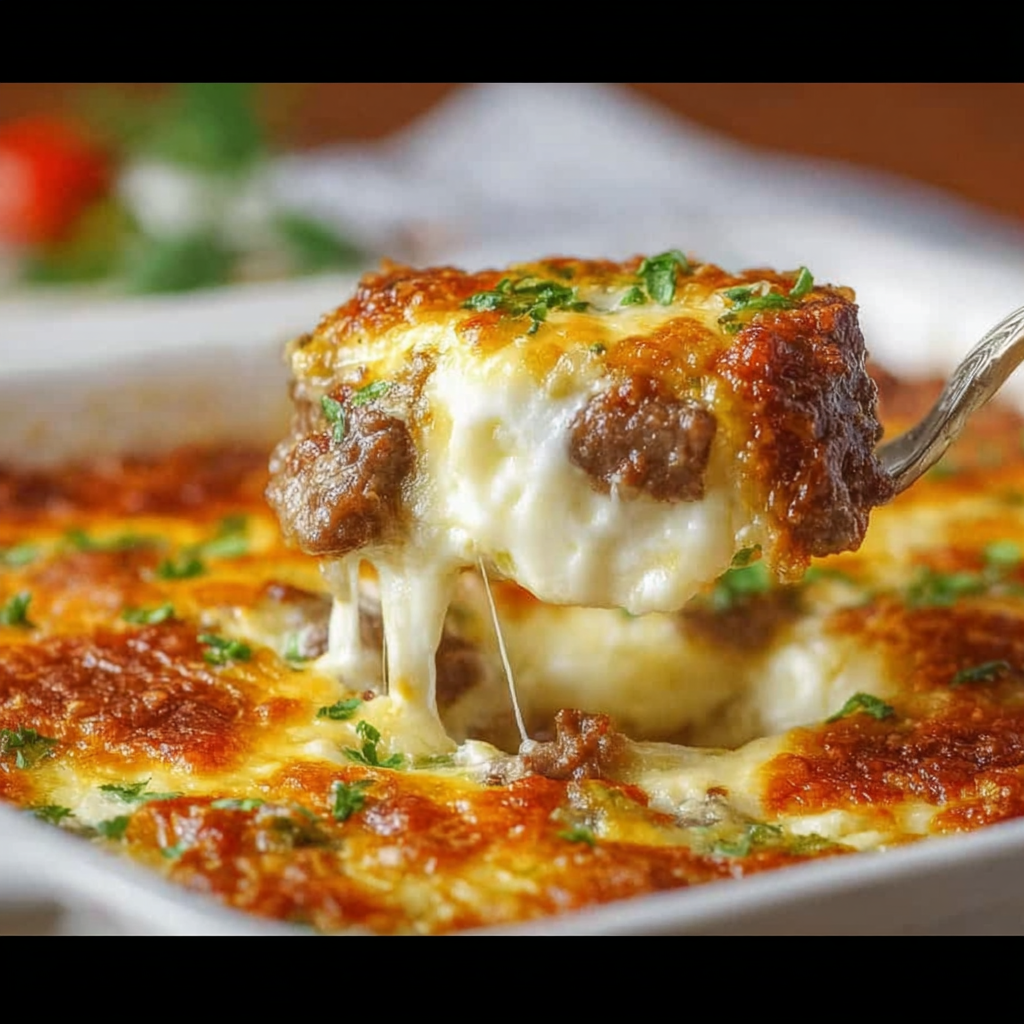 Low Carb Philly Cheesesteak Casserole in baking dish with melted cheese