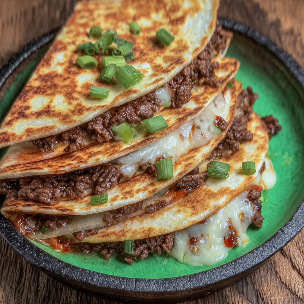 Sliced quesadilla with green onions on top