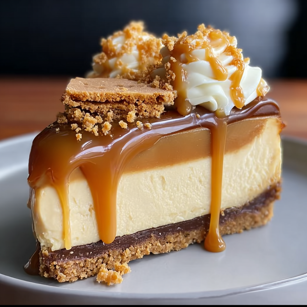 Top view of cheesecake with caramel drizzle and whipped cream