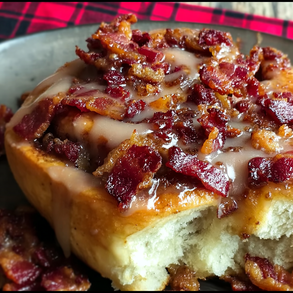 Freshly baked maple bacon cinnamon rolls