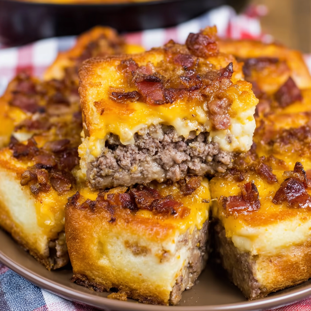 Close-up shot of melted cheese and bacon bits