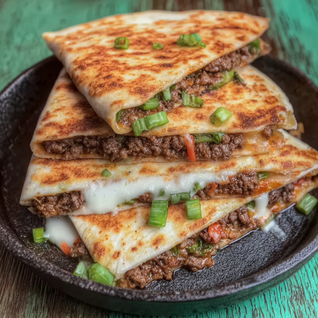 Korean beef quesadilla on cutting board