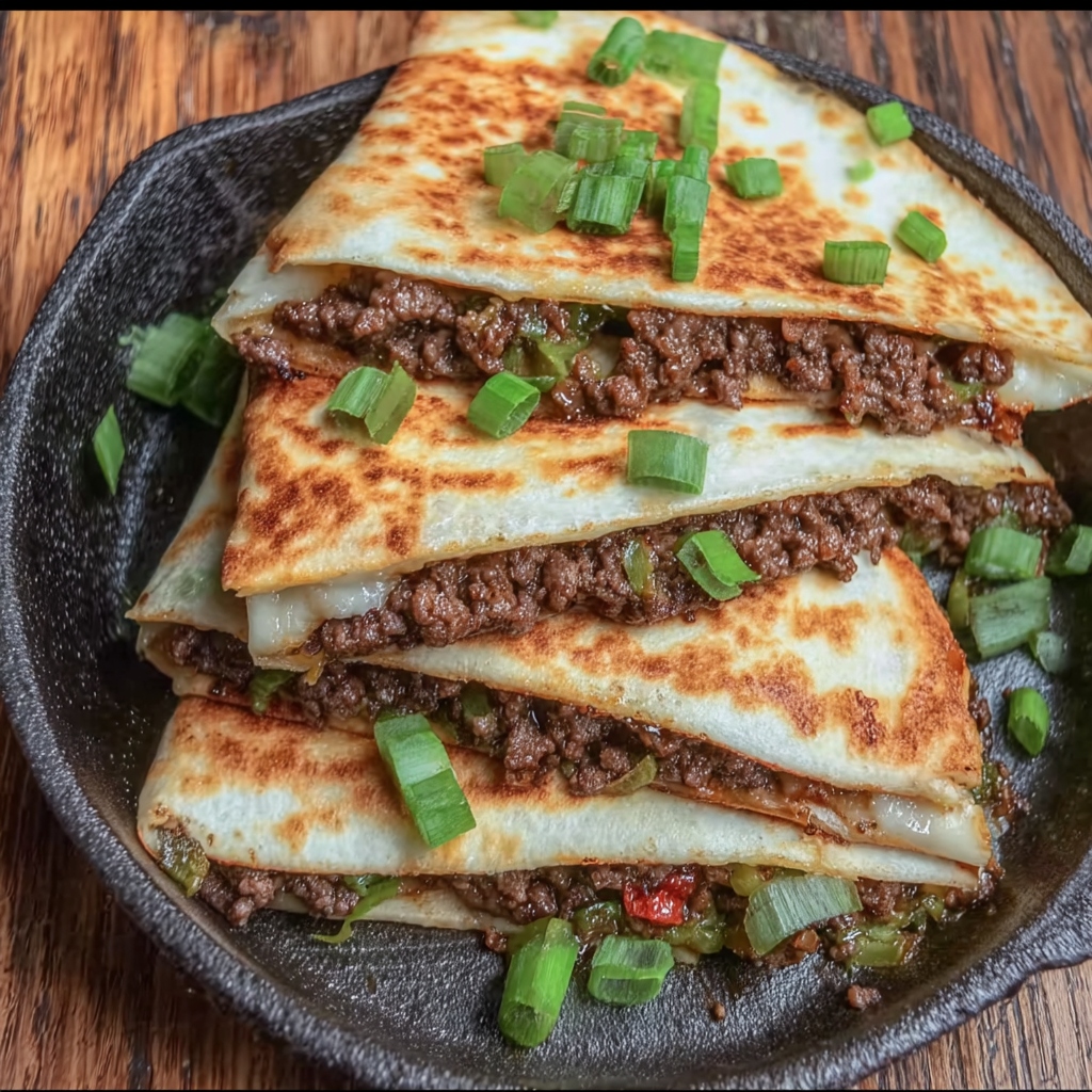 Stacked Korean beef quesadillas with sesame