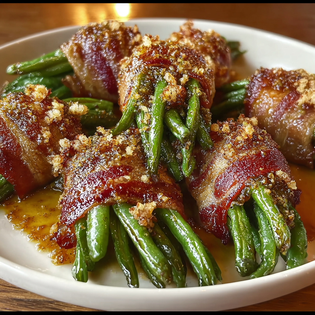 Bacon-wrapped green bean bundles on baking sheet