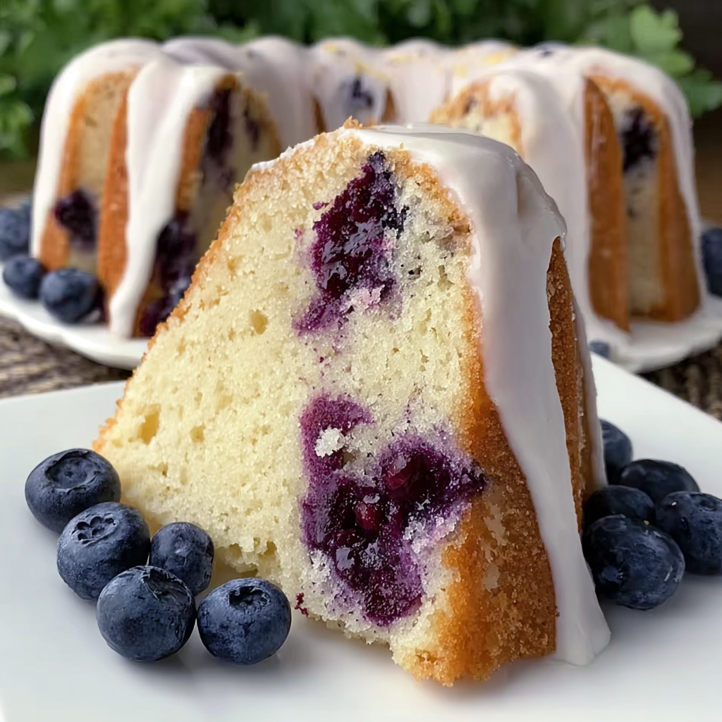 Sliced lemon blueberry pound cake on a plate