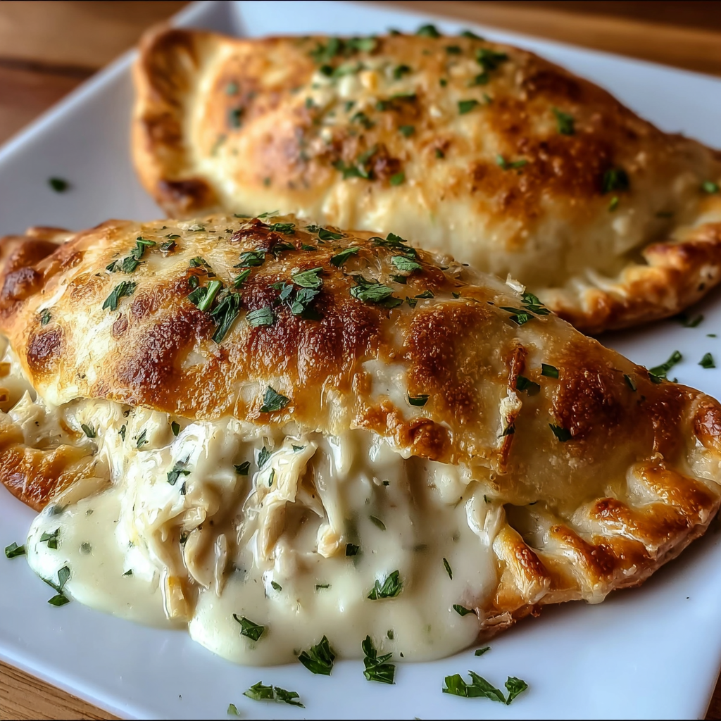 Calzones on wooden board, sliced to show cheesy filling