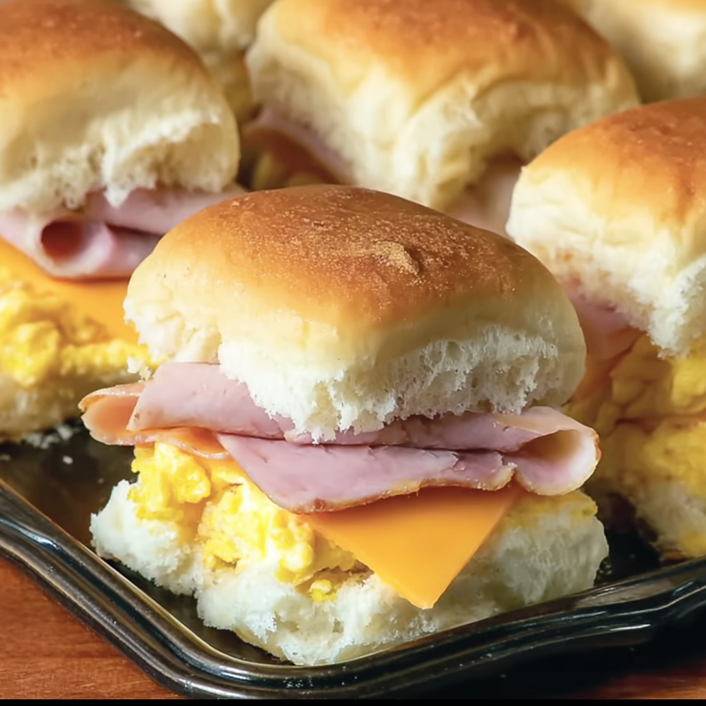 Sliced breakfast sliders on a serving board