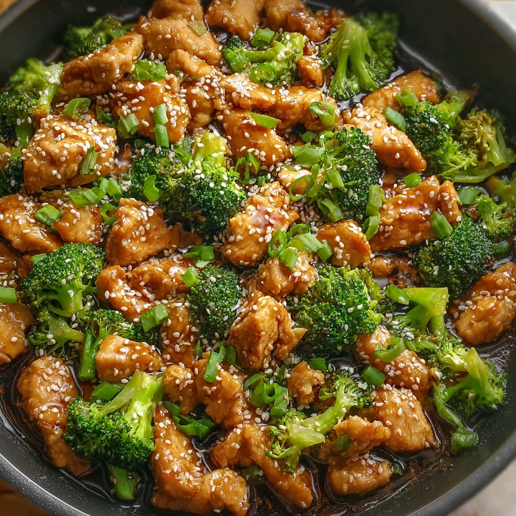 Honey sesame chicken and broccoli in skillet