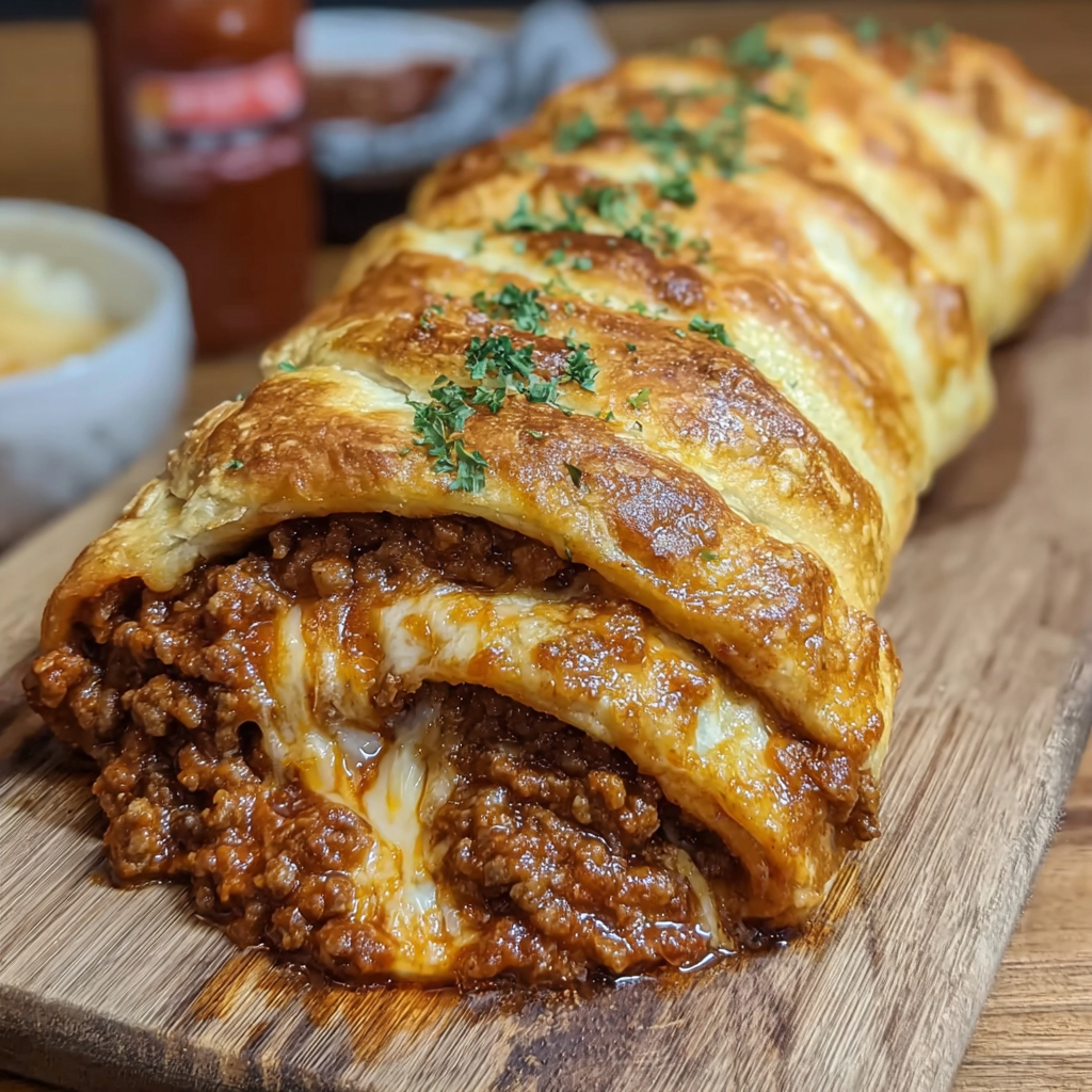 Sliced stromboli with dipping sauce and fresh garnish