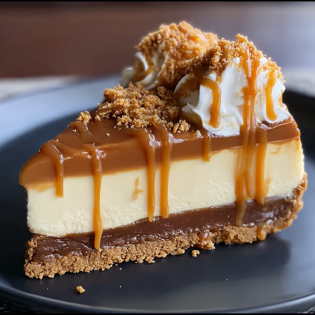 Pecan caramel cheesecake sliced on a plate