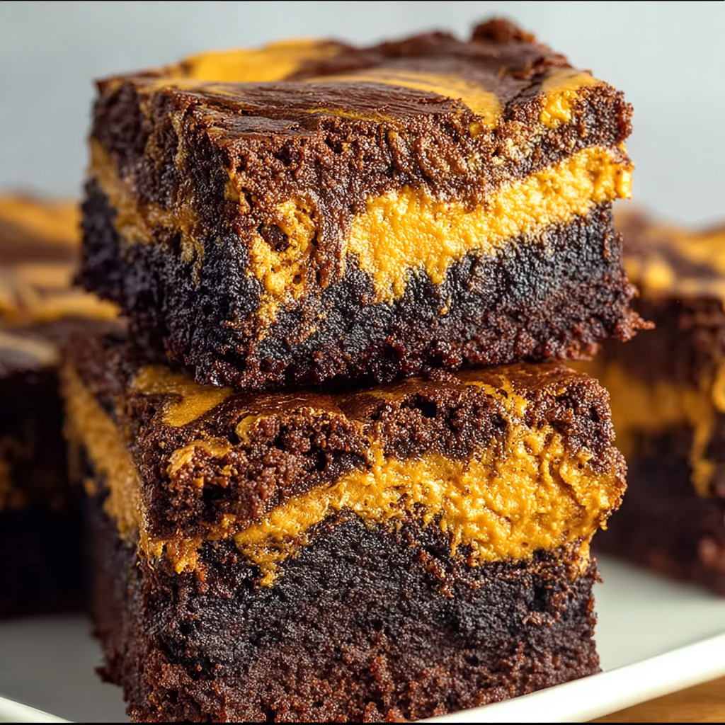 Pumpkin Swirl Brownies fresh from the oven with marbled top