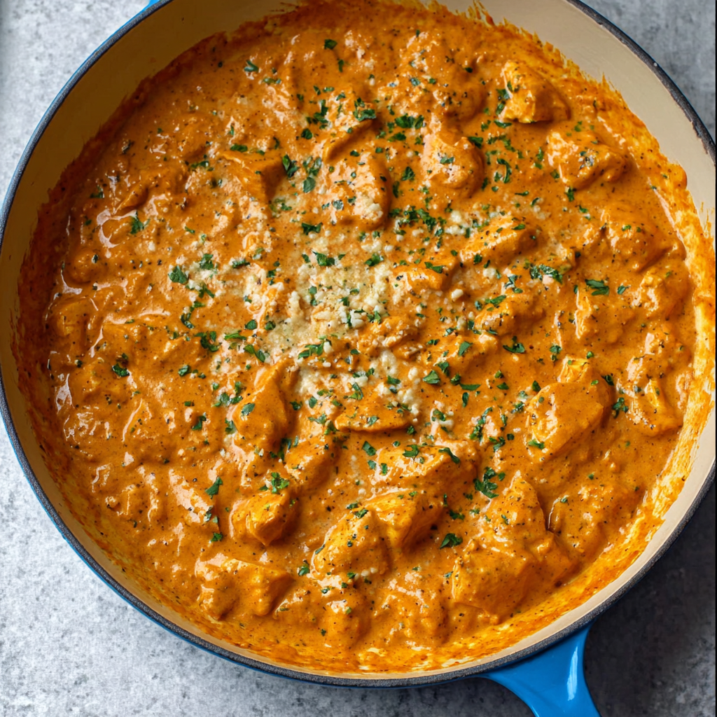 Buttery orange butter chicken in a skillet