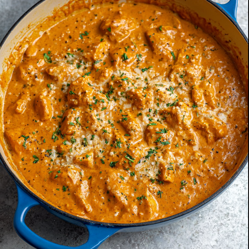 Plate of butter chicken with naan and rice