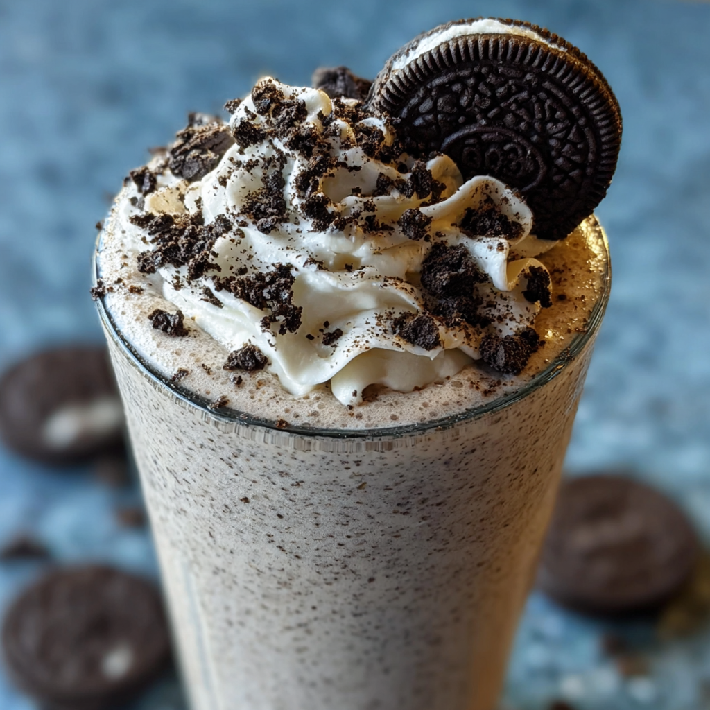 Finished cookie chocolate milkshake with whipped cream