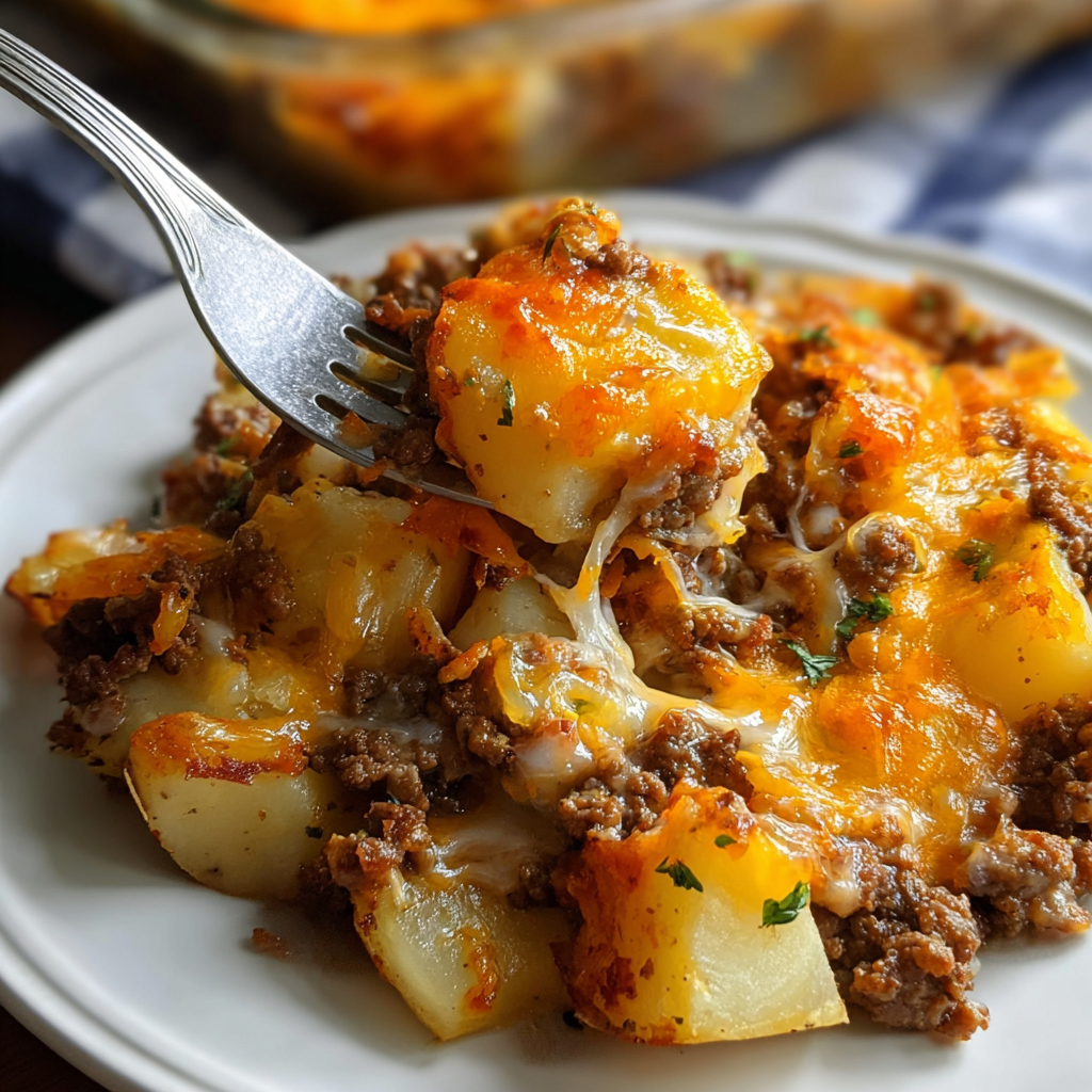 Close-up of sliced potato layers and melted cheddar